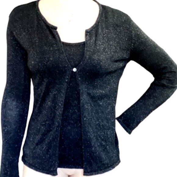 UNIFORM John Paul Richard Silk Blend Attached Twinset Top Black Sparkle 19Q - Picture 2 of 8